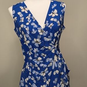 Anne Klein Blue and White Patterned Sleeveless Wrap Top